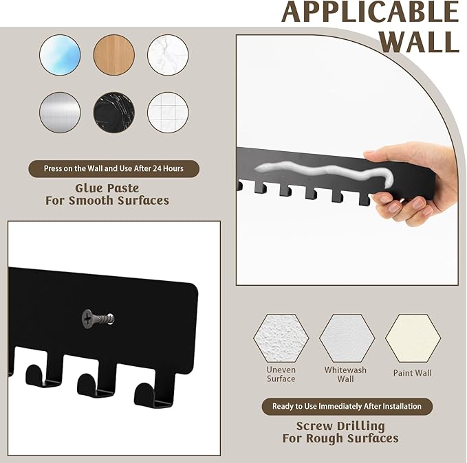 2 Pack Key Holder Wall Mount with 10 Hooks & Includes Screws, Car Key Holder for Wall, Kitchen Hooks, Keys Holders for Entryway, Hallway, Living Room (Black)