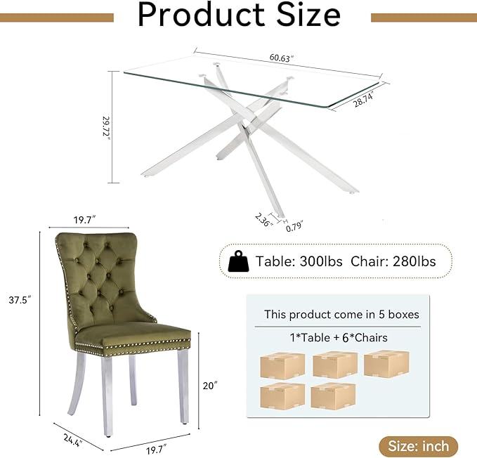 Goujxcy 7 Piece Glass Dining Table Set Modern Glass Dining Table Set for 6, 61" Rectangular Silver Kitchen Table and 6 Velvet Upholstered Chairs, Silver Table & Olive Green Chair