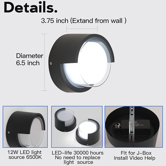 Modern Outdoor Wall Sconces - 2 Pack Minimalist Style Waterproof Wall Mount Lights - 6500K Black Cold Lights - Circular Aluminum