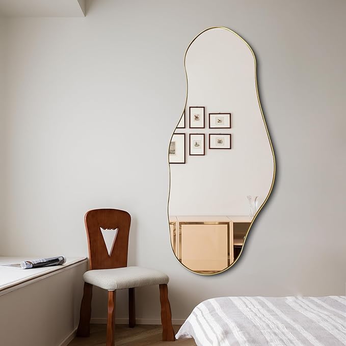 Irregular Mirror, 47"x20.5" Asymmetrical Wall Mirror with Gold Metal Frame, Large Abstract Mirrors Decorative, Modern Unique Shaped Mirrors for Living Room Bathroom Bedroom Hallway Entryway