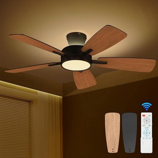 TALOYA Ceiling Fans with Lights and Remote, 46 Inch Low Profile Ceiling Fan with Light, Flush Mount, Reversible, 3CCT, Dimmable Black Modern Ceiling Fan for Bedroom, Living Room, Outdoor Patio