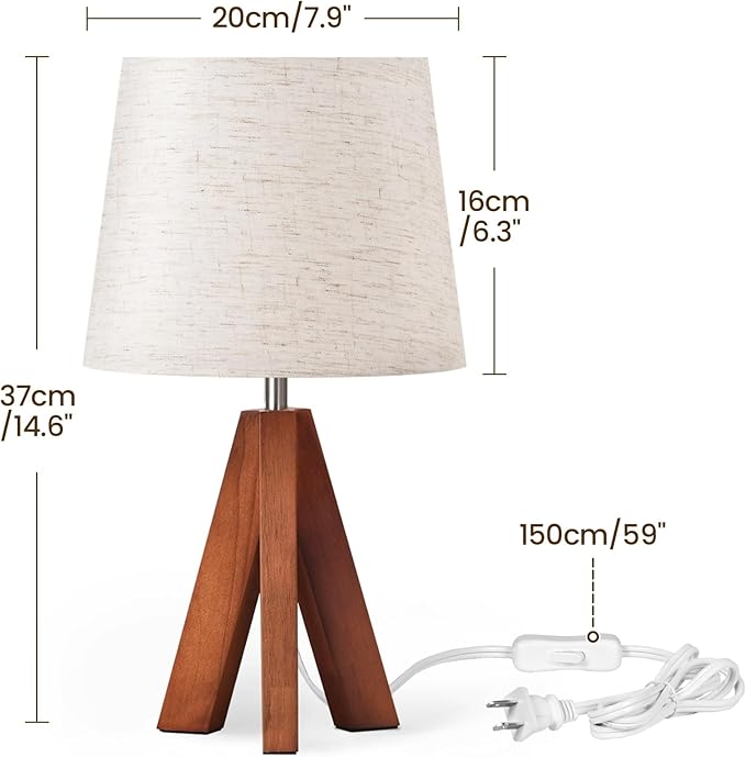 Small Tripod Table Lamp, Modern Nightstand Lamp with Fabric Shade, Boho Bedside Wood Desk Lamp for Bedroom, Kids Room, Living Room, Office, Study, Dark Wood and Beige, LE51TL05