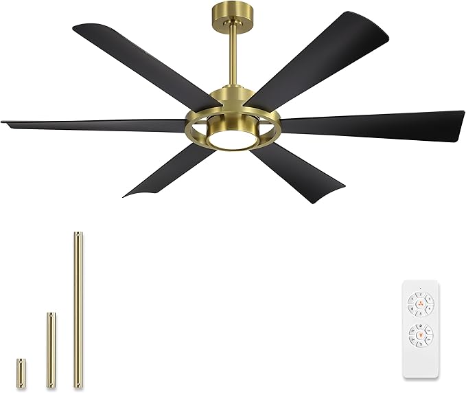 ELEHINSER 60" Ceiling Fan with Lights - 6 ABS Plastic Blades, 3 Downrods, 6-Speed Reversible DC Motor, 3CCT, Windmill Ceiling Fan for Kitchen Bedroom Living Room, Brass and Black