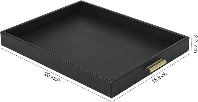 HofferRuffer Extra Large Serving Tray with Handles, Elegant Faux Leather Storage Decorative Tray for Coffee Table, Ottoman, Console Table, 20 x 16 x 2.2 inches (Black Tray+Golden Handle)