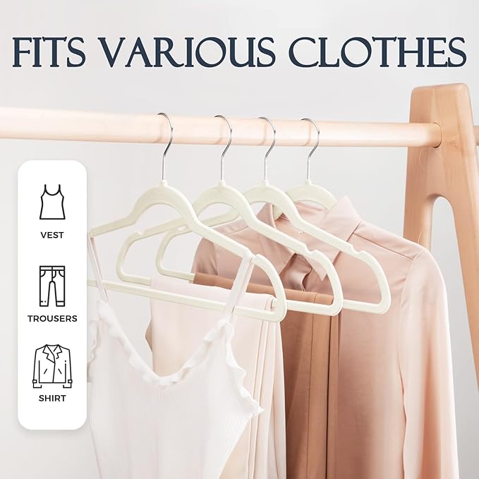 HOUSE DAY Ivory Velvet Hangers 40 Pack, Non Slip Clothes Felt Hanger Heavy Duty for Coat, Premium Slim Space Saving Suit Hangers for Closet Organizer, 360° Rotating Silver Hook