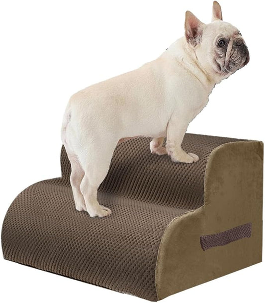 PAWSCART Dog Stairs for Small Pets, 11.8" H with 30D Material Soft Foam, Portable Ramp Non-Slip Surface Non-Slip for Couch and High Bed Climbing, 2-Step Stairs for Cat or Dog, Brown