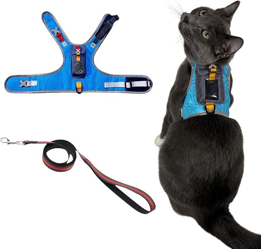 TRAVEL CAT The Pathfinder Cat Harness with GPS Tracker Pocket - Powered by Tractive Cat Harness Escape Proof - Walking Escape Proof Cat Harness for Small, Large, Kitten (Blue, Medium)