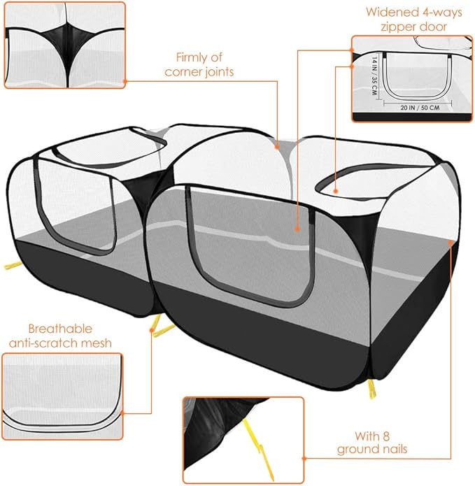 SlowTon Small Animals Playpen, Portable Large Chicken Run Coop with Detachable Bottom Breathable Transparent Mesh Walls, Foldable Pet Enclosure for Puppy Kitten Rabbits Indoor Outdoor(B,Flat Top)