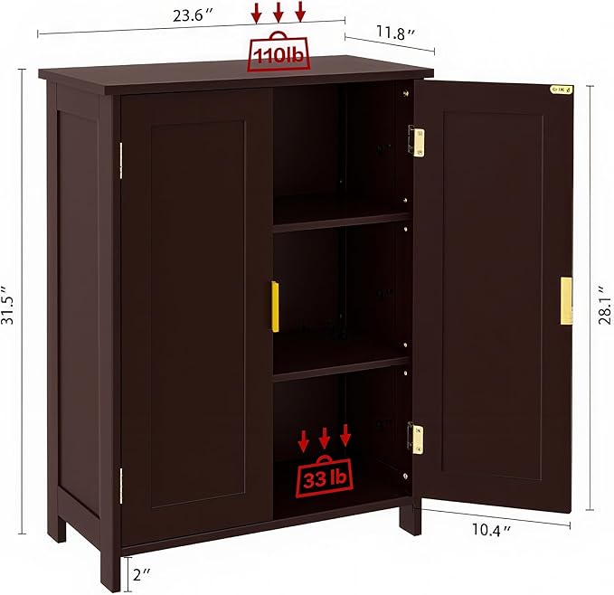 TaoHFE Brown Bathroom Storage Cabinet,Wood Bathroom Cabinets Freestanding with 2 Door Organizers Storages with Adjustable Shelves, Storage Cabinet for Living Room,Laundry Room