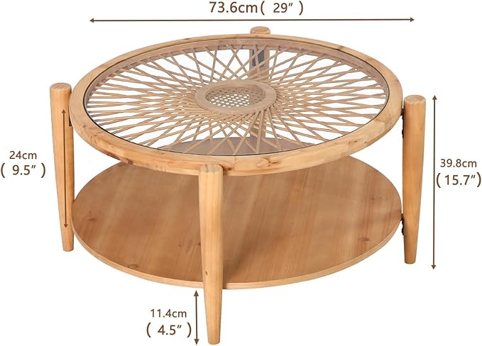 RUSTOWN Rattan Coffee Tables,2-Tier Round Boho Cocktail Tables, Mid Century Modern Coffee Table with Rattan & Tempered Glass Top and Wood Legs, Sofa Table for Living Room(Natural)