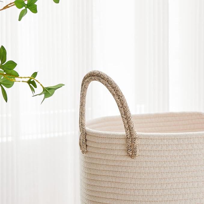VIPOSCO Large Laundry Hamper, Tall Woven Rope Storage Basket for Blanket, Toys, Dirty Clothes in Living Room, Bathroom, Bedroom - 100L White & Brown