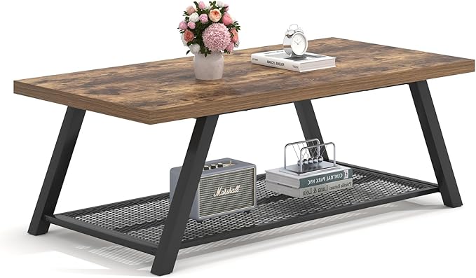 FOLUBAN 47 Inch Coffee Table, Industrial Wood and Metal Living Room Table with Storage Shelf, Rectangle Center Table, Rustic Brown