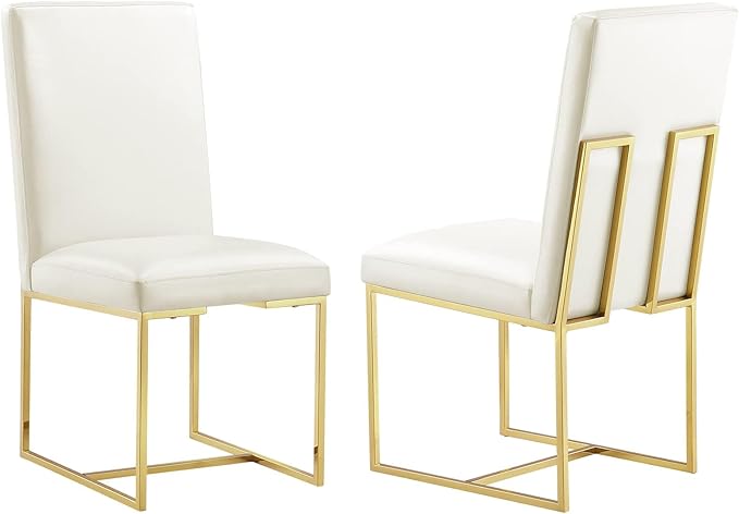 AUZ Dining Chairs, White and Gold Faux Leather Dining Chairs with Polished Stainless Steel Legs, Set of 2