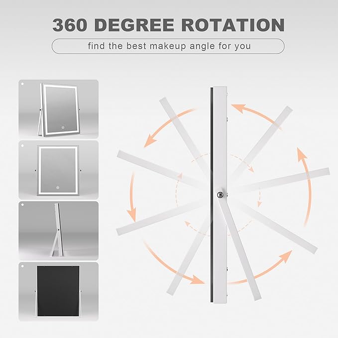 Hasipu Vanity Mirror with Lights, 11.4" x 13.8" LED Makeup Mirror with 10X Magnification, Smart Touch 3 Colors Dimmable, Brightness Adjustment, 360° Rotation, White