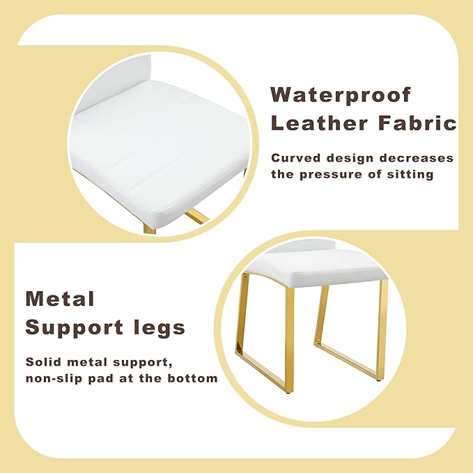 Modern Dining Chairs Set of 6, White Faux Leather Kitchen Chairs, Upholstered Armless Dining Room Chair with Gold Mental Legs Heavy Duty, Comfortable (White and Gold, Set of 6)