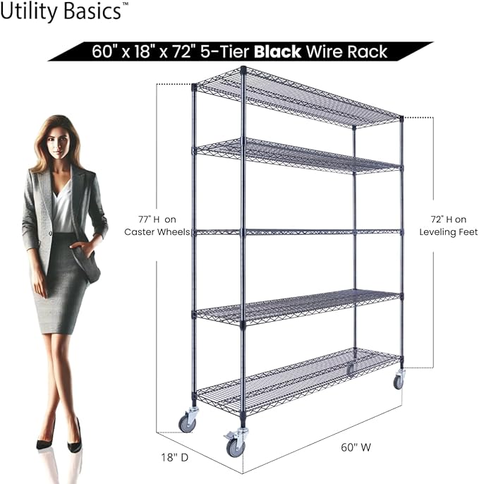 NSF Commercial 5-Tier Wire Shelving with Wheels, 60"x18"x72" Heavy Duty Metal Shelves 4000 lbs Max Capacity, Black Storage Rack for Garage Kitchen Pantry Warehouse