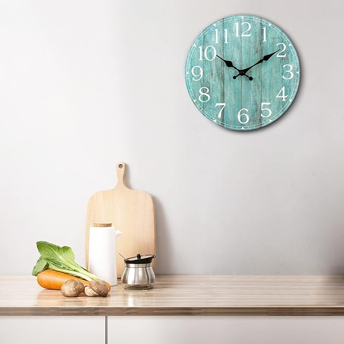 HYLANDA Wall Clock, Teal Silent Non-Ticking Battery Operated, Kitchen Rustic Vintage Decorative Aqua Clocks for Bathroom Bedroom Living Room Office 8 Inch