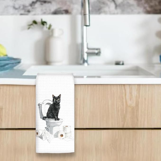 Funny Black Cat Bathroom Hand Towels, Gifts for Black Cat Owners Lovers Women Men, Cute Kitten Kitty Pet Decor for Bathrooms, Funny Pet Lovers Toilet Hand Towels for Bathroom Washroom,16x24In