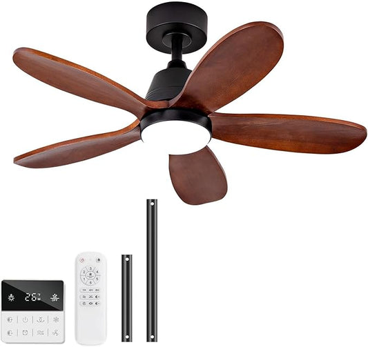 36 Inch Wood Ceiling Fans with Lights and Remote, Modern Ceiling Fan with Light, 5 Blades, Dimmable, Wall Switch, Reversible DC Motor, Memory Function, Indoor Outdoor for Bedroom Patio