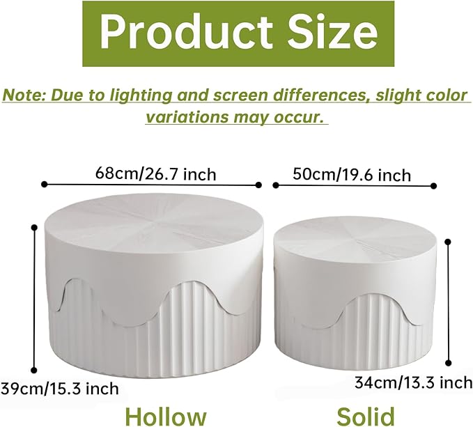 Round Nesting Coffee Table Set of 2, Round Fluted Coffee Tables for Living Room Modern Nesting End Side Tables for Small Spaces (E White)