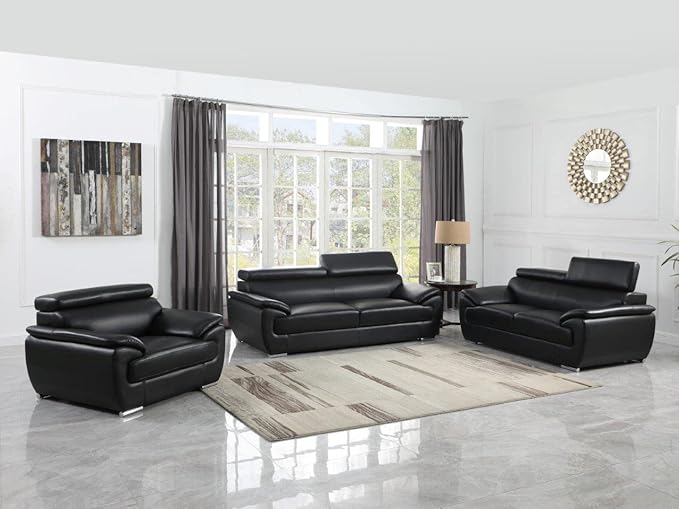 Blackjack Furniture 4571 Veal Collection Modern Genuine Leather Loveseat with Adjustable Headrest, Sturdy Wood Frame and Stainless Steel Legs, Stylish Living Room Love Seat, Black