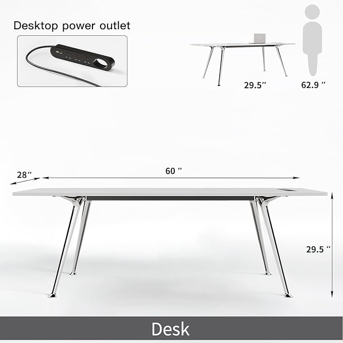 Writing Computer Desk, 60-Inch Large Executive Desk Office Workstation with Chrome-Plated Legs and Built-in Power Outlet, Writing Table Business Furniture, Modern Minimalist Style for Home Office