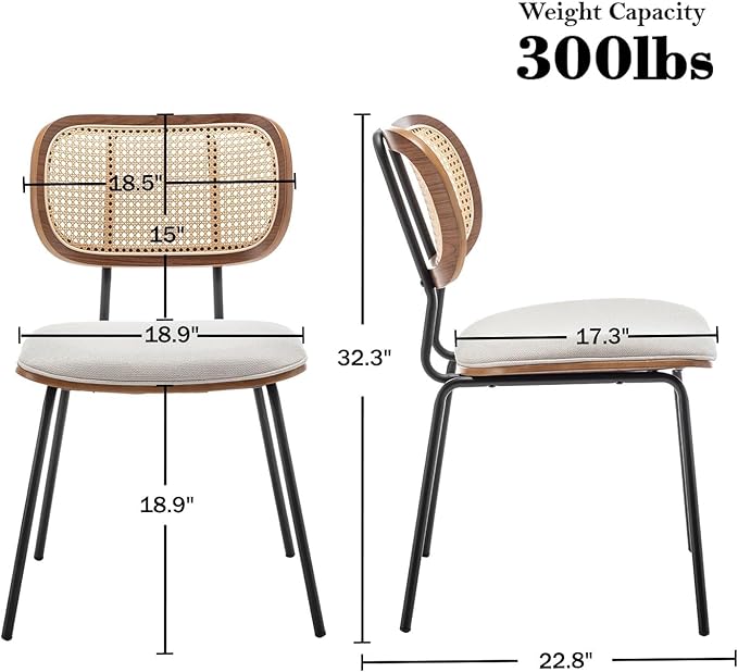 Rattan Dining Chairs Set of 2, Mid Century Modern Dining Chairs with Cane Back for Kitchen Dining Room, 19 Inch Fabric Beige