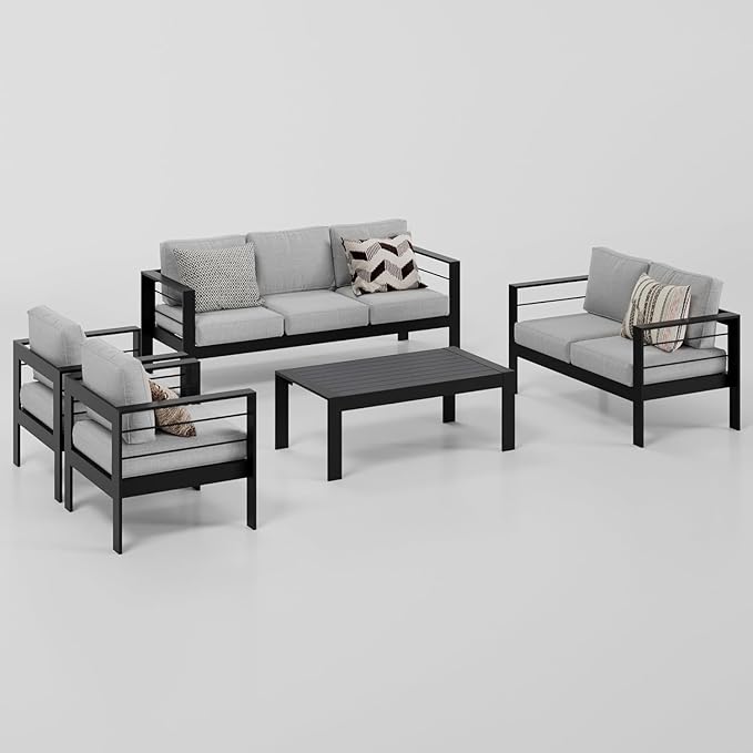 Wisteria Lane Aluminum Patio Furniture Set, 7 Seats Outdoor Conversation Set, Sectional Metal Sofa with 5 Inch Cushion and Coffee Table for Balcony, Backyard, Garden, Black Frame and Grey Cushion