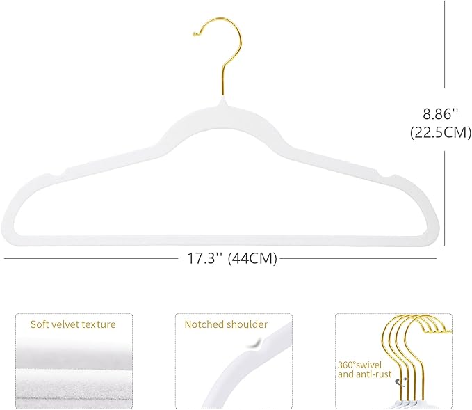 ManGotree Velvet Coat Hangers, Non-Slip Felt Suit Hangers, Ultra-Slim Space Saving Clothes Hanger with 360° Swivel Gold Hook, Sturdy for Jacket, Shirt, Dress, Pants (36 Pack, White)