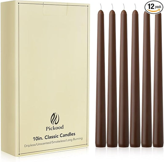 New Burning Formula Unscented Dripless 10-Inch Taper Candles Set of 12 - Cocoa Brown, for Wedding, Dinner - Smokeless, Long Burning - Hand Poured, Colored Tall Candlesticks - Marrón Cacao
