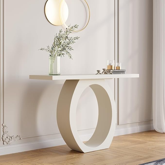 LOVEDIMA 39.4" Modern Entryway Console Table - Slim White Wooden Design with Circle Base, Space-Saving for Hallway, Living Room & Small Spaces (Easy Assembly) (White)