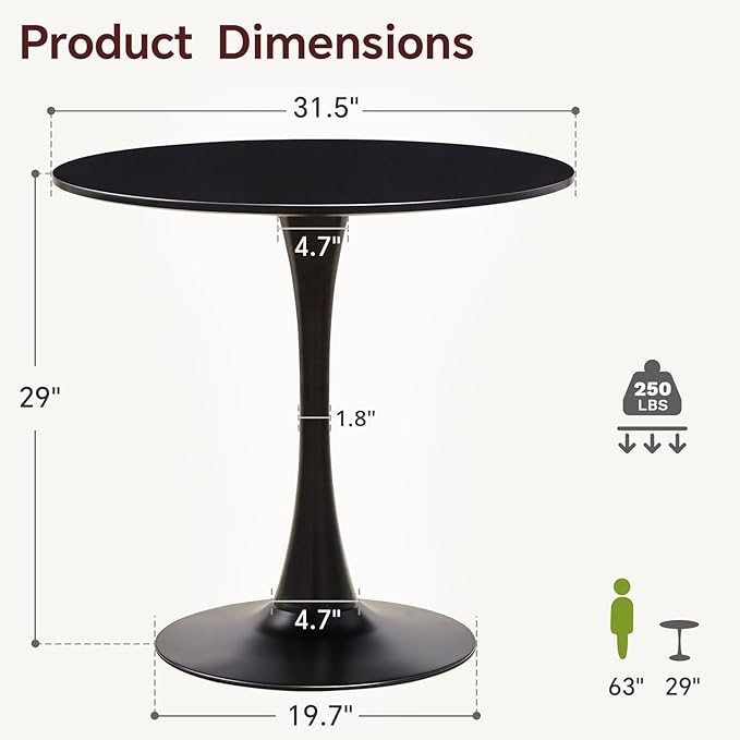 Small Space 31.5 Inch Black Round Tulip Dining Table - Modern Pedestal Base Kitchen Table for 2-4 People - Easy Assembly & Easy to Clean