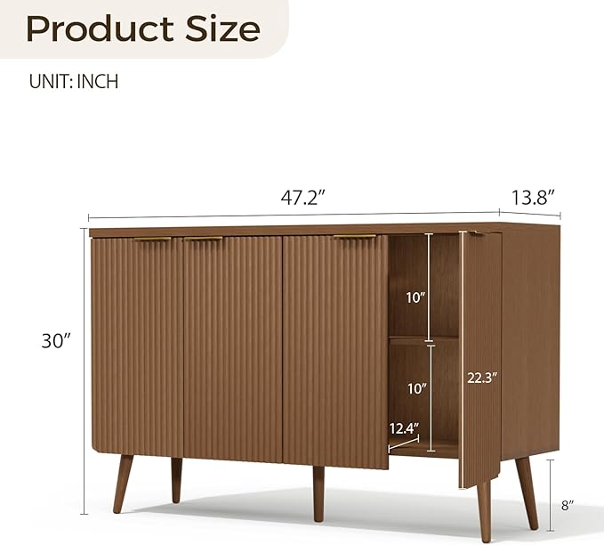 4-Door Fluted Sideboard Buffet Cabinet, 47" Large Storage Cabinet with Shleves, Wood Modern Accent Credenza Kitchen Table for Dining Room, Living Room & Entryway, Walnut