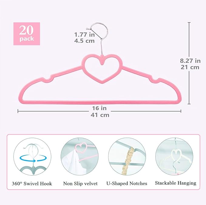 Velvet Hangers 20 Pack, 16" Non Slip Adult Hangers, Slim Clothes Hanger with 360 Degree Swivel Hook - Durable & Cute for Coats, Shirts, Dress (Pink)