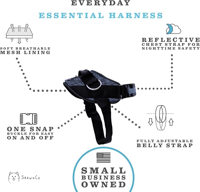 ShawnCo Essential Dog Harness, No-Pull Pet Vest with 3 Leash Clips, No Choke, Reflective, Adjustable and Padded, for Easy Walking and Training for Small, Medium and Large Dogs (Dark Camo, S)