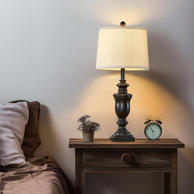 27.5" Vintage Farmhouse Table Lamps Set of 2 Bedside Lamp, 3 Way Dimmable Bedroom Lamps with 2 USB Ports +AC Outlet Nightstand Lamp Rustic Lamp (Rotary-Antique Black)