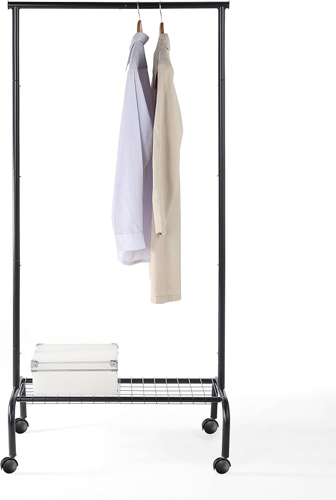 SunnyPoint Rolling Garment Rack with Shelf – Heavy-Duty Metal Clothing Rack on Wheels, 64.9” Tall Clothes Organizer with Bottom Storage, Black