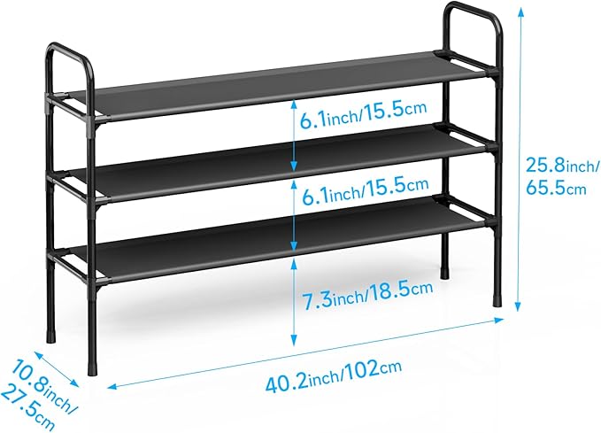 3 Tier Shoe Rack, Shoe Organizer for 18 Pairs of Shoes, Black Non-Woven Fabric Shoe Storage Shelf for Closet, Entryway, Garage, Corridor, Long Shoe Shelves