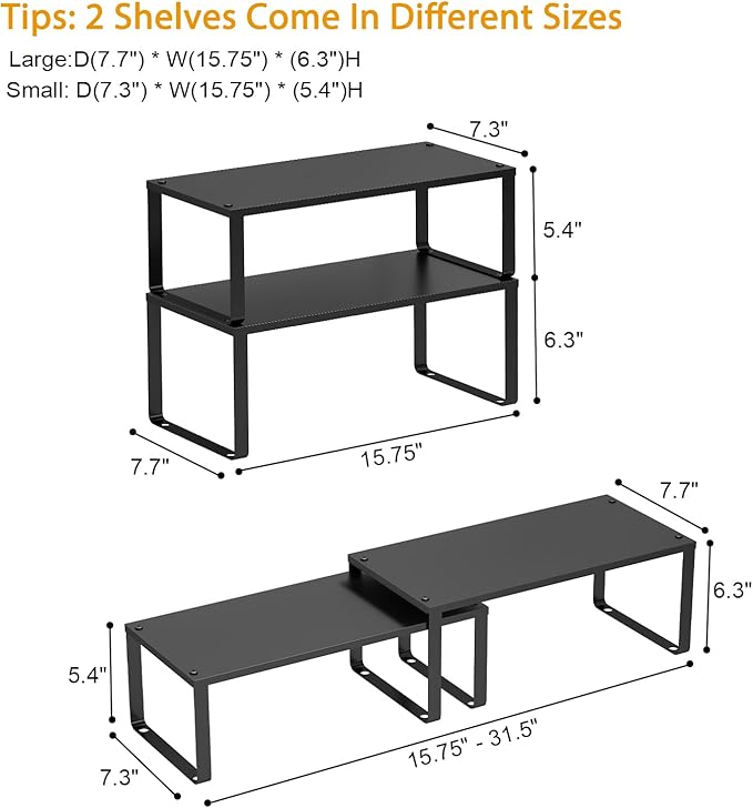 15.75" Long Stackable Expandable Metal Shelf Organizer For Kitchen Cabinet Counter Storage, Set of 2 Small Metal Storage Shelves Spice Rack For Kitchen Cupboard Countertop,Sturdy, 30LBS Heavy Duty