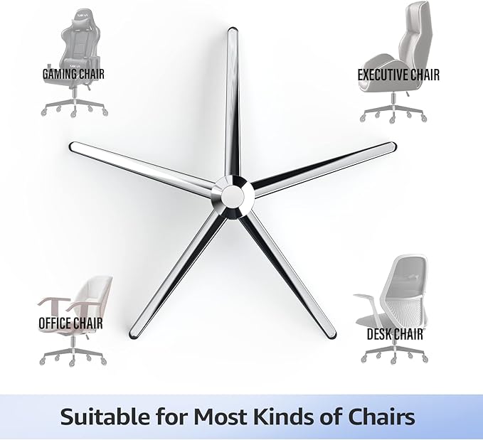 MASTERY MART 28 Inch Office Chair Base, Heavy Duty 2400 Lbs, Reinforced Metal Desk Chair Replacement, Universal Gas Cylinder Hole Caster Socket, Silver