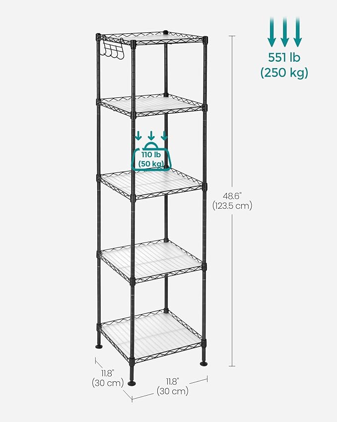 SONGMICS 5-Tier Bathroom Shelf, Storage Rack for Small Space, with 5 PP Shelf Liners, Removable Hook, Extendable Design, Ink Black and Translucent ULGR23BK
