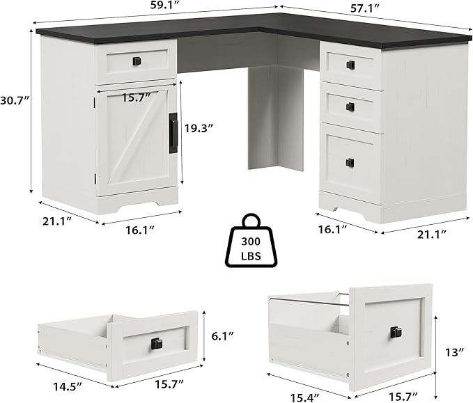 GarveeHome 60" Executive L Shaped Desk, Farmhouse Home Office Desk with File Drawers and Storage Cabinet, Corner Computer Desk with Adjustable Side Storage Cabinet (Black)