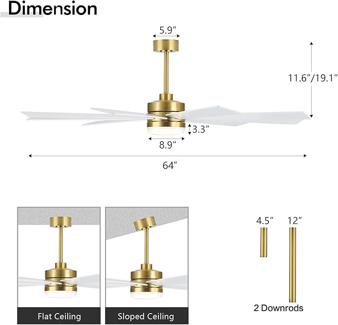 64" Ceiling Fan with Light, 6-Speed Remote Control, Reversible DC Motor, Modern 9 Blades with 4.5"/12" Downrods for Home or Commercial White/Gold