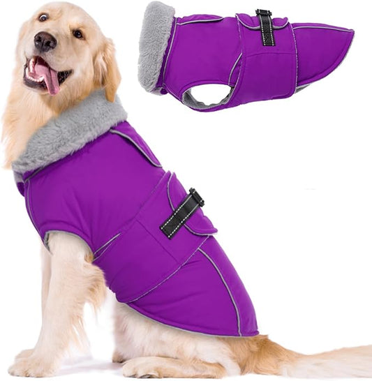 Lelepet Warm Dog Coat Reflective Fleece Vest Waterproof Dog Jacket with Adjustable Buckle Hook & Loop Windproof Cold Weather Coats for Small Medium Large Dogs, Purple, XL