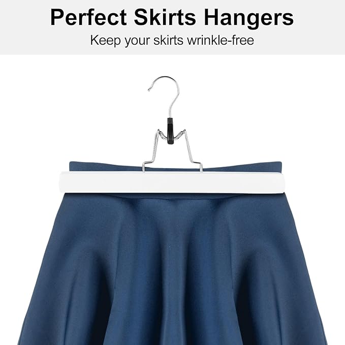 AMKUFO 12 Pack White Wooden Pants Hangers with Clips Non Slip Skirt Hangers Trouser Clamp Hanger Solid Wood Hanger with 360° Swivel Hook