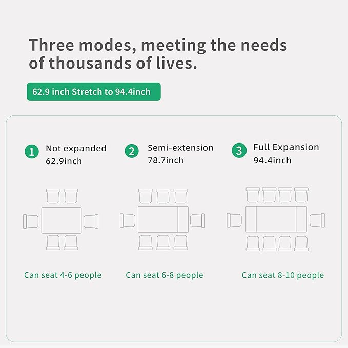 Extendable Dining Table (62.9" to 94.4") for 6 to 10 - Modern Rectangular Sintered Stone Table with High Hardness and Easy Maintenance - Stylish White