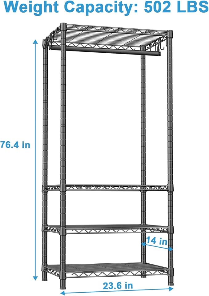 Ulif H4 Mini Portable Closet, 4 Tiers Freestanding Clothing Garment Rack for Small Space, Metal Clothes Wardrobe System for Bedroom, 23.6" W x 14" D x 76.4" H, Load 502 lbs, Black
