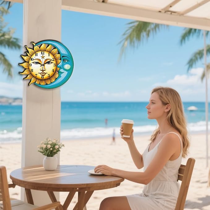 CHGCRAFT Sun and Moon Pattern Wall Clock 14.9 Inch Star Wood Grain Non-Ticking Irregular Shape Clocks Wall Hanging Clock Battery Operated for Bedroom Living Room Kitchen Office