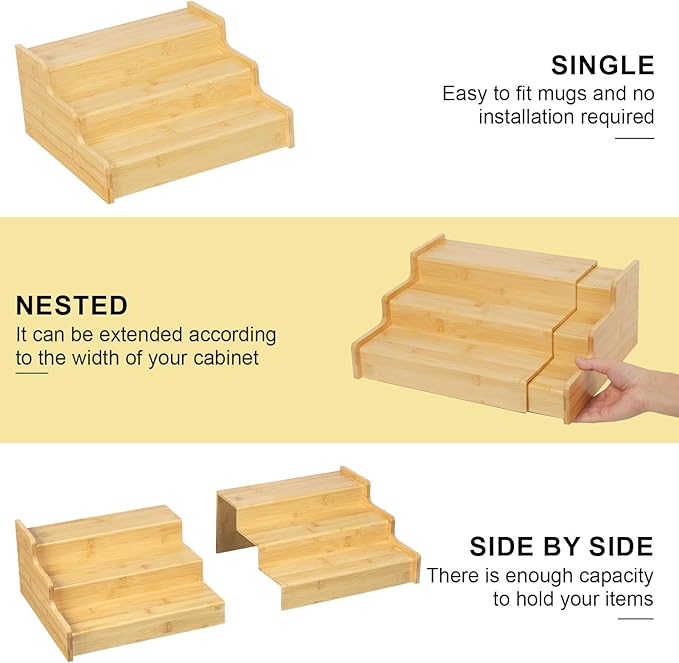 3-Tier Expandable Bamboo Mug Holder For Countertop Coffee Cup Holder Display Mug Organizer Mug Rack for Coffee Bar Organizer Mug Shelf for Cabinet for Kitchen, Home