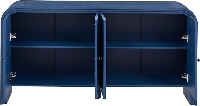 Unique Retro Curved Sideboard with 4 Handwoven Wood Slat Doors, Solid Wood Veneer Accent Entryway Console Table Storage Cabinet for Hallway Living Room Dining Room (Navy Blue-V)